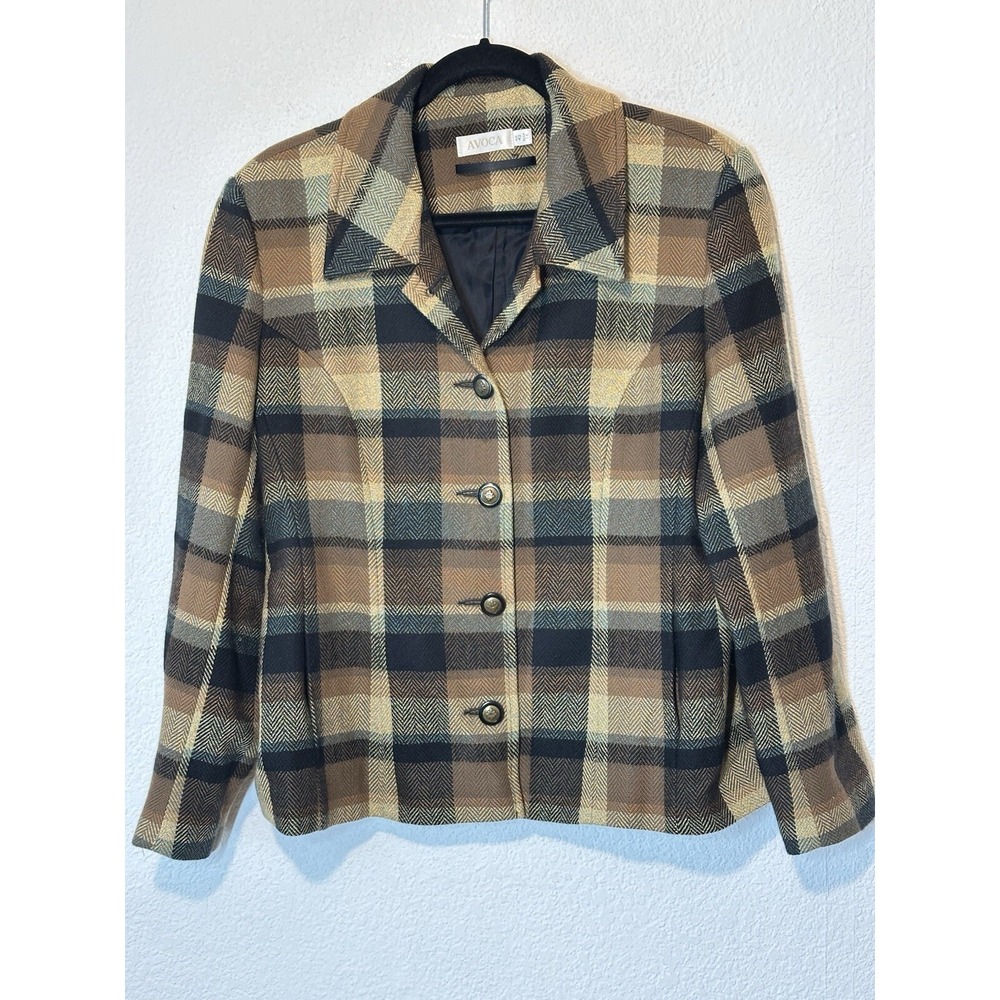 Avoca Vintage Pure Wool Coat‎ Jacket Sz 42 UK 16 US L Herringbone Check Pockets